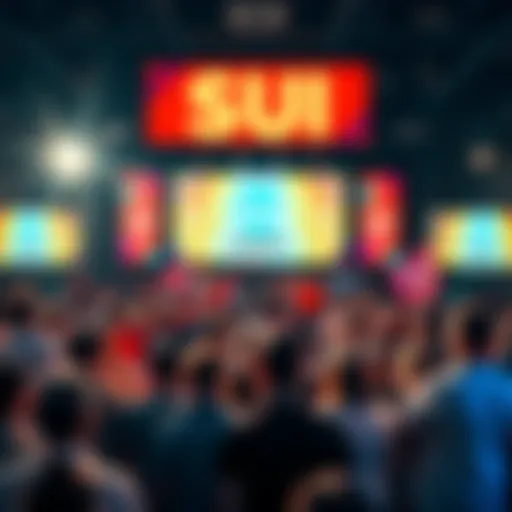 A diverse group of people celebrating the launch of SUI coin with banners and digital screens showing the SUI logo and community slogan.
