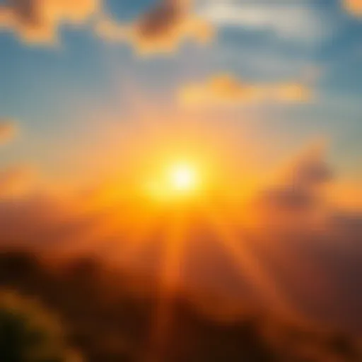 A bright sunrise with colorful clouds over a peaceful landscape, symbolizing a fresh start to the day.