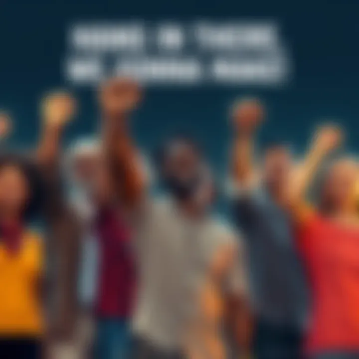 A group of diverse people standing together with determined expressions, raising their fists in solidarity, symbolizing resilience and strength during tough times.
