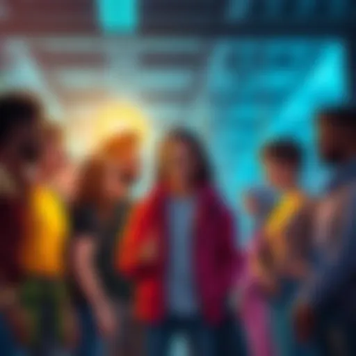 A group of diverse people encouraging a newcomer in the Solana meme coin space, showing support and teamwork