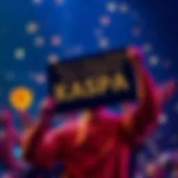 A person enthusiastically supports Kaspa, holding a sign that highlights its potential to rival Ethereum, with a backdrop of digital currency symbols.