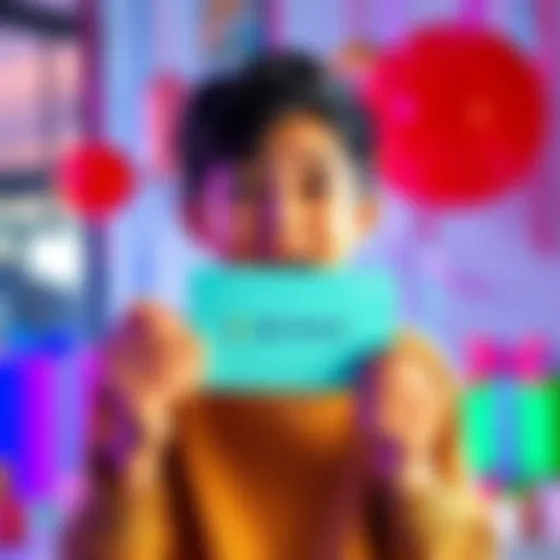 An excited young person holding a Revolut gift card with a birthday theme in the background