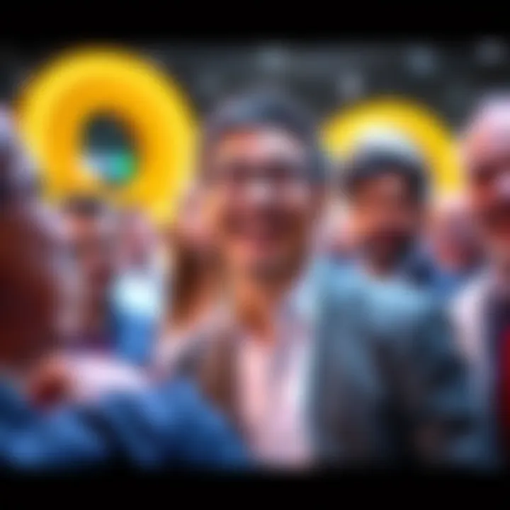 A well-known public figure smiling as they make a surprise appearance at an event, surrounded by curious onlookers.