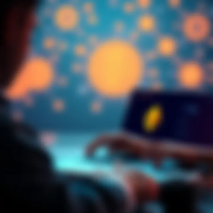 A person using a laptop to exchange Bitcoin for Ethereum on a decentralized exchange platform, with cryptocurrency symbols in the background