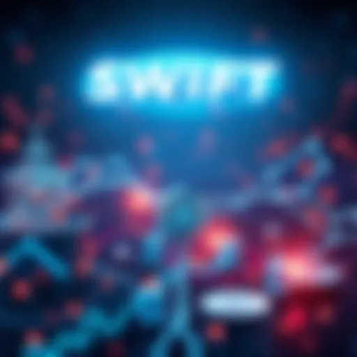 A digital representation of SWIFT's new blockchain payment platform with symbols of international banks and cryptocurrency like XRP