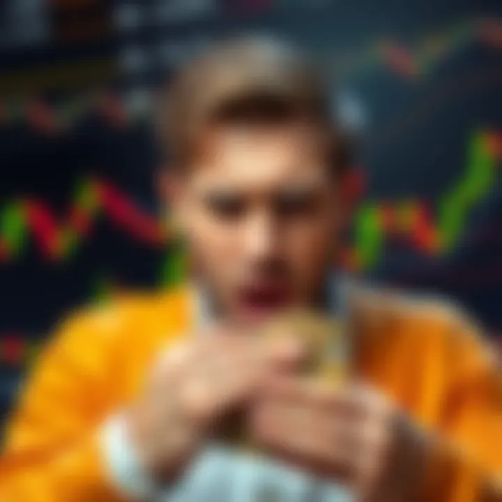 A distressed Swiss trader showing frustration over a cryptocurrency loss, with currency charts in the background.