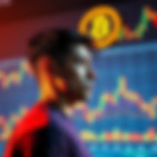 A person contemplating the decision to swap altcoins for Bitcoin, with a chart showing fluctuating prices in the background.