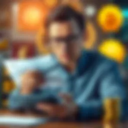 A concerned investor looking at a tax form with a calculator and staking rewards in the background