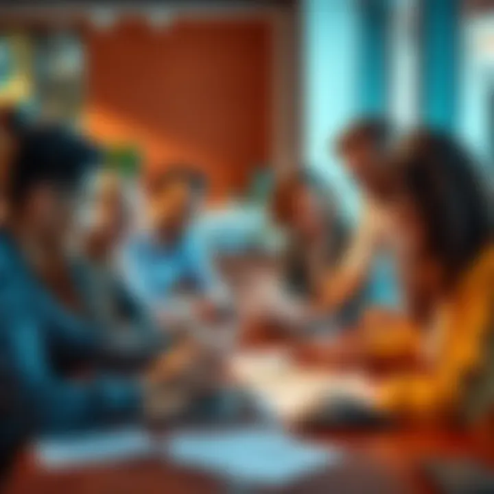 A group of diverse individuals collaborating on a blockchain project, with laptops and papers around them, discussing ideas and learning Solidity together.