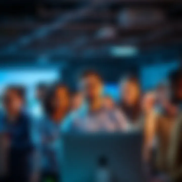 A diverse group of people collaborating in an office setting, showcasing teamwork and support behind the scenes.