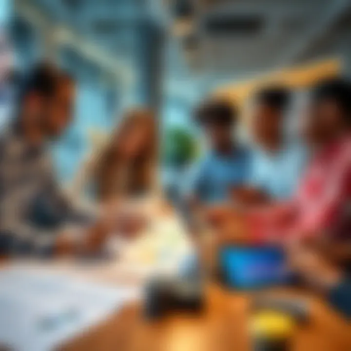 A group of diverse professionals collaborating at a table, discussing plans for an upcoming technology launch with laptops and charts around them.