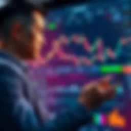 A businessman analyzing stock charts on a tablet, with graphs showing tech sector trends in the background.
