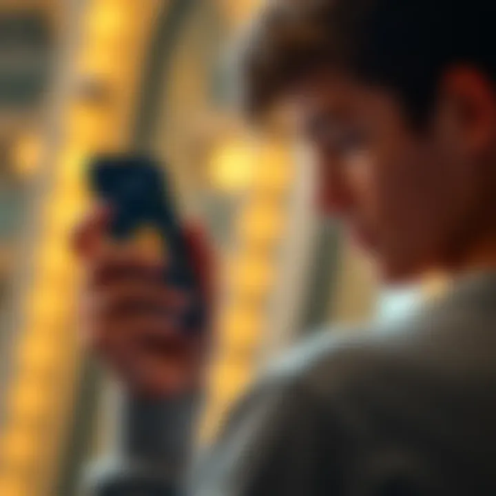 A teenager looks at a smartphone displaying a Bitcoin chart, showing interest in cryptocurrency investments