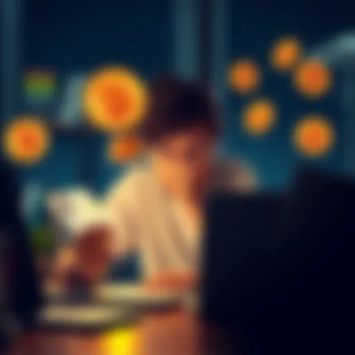 A teenager sitting at a desk with a laptop, looking worried while holding fake IDs and bitcoin symbols around him, representing financial struggle during a family crisis.