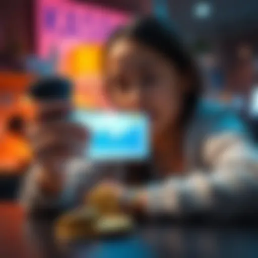 A 16-year-old girl holding a smartphone displaying KASPA investment chart with coins on the table.