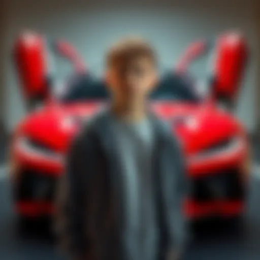 An 18-year-old stands in front of a flashy supercar, contemplating his financial choices with a thoughtful expression.