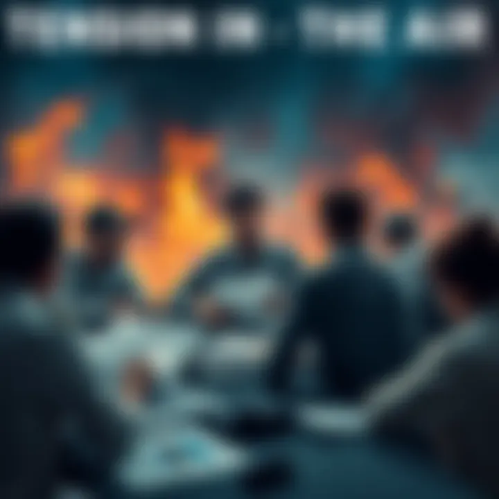 A group of people engaged in a heated discussion, with charts and documents spread out, symbolizing debates about a major operation's future.