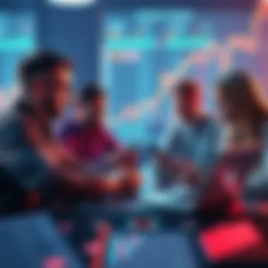 A group of people discussing a new trading tool for cryptocurrency on laptops and smartphones.