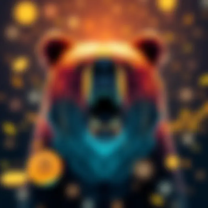 A visual representation of a bear to indicate a bearish market, with cryptocurrency symbols in the background