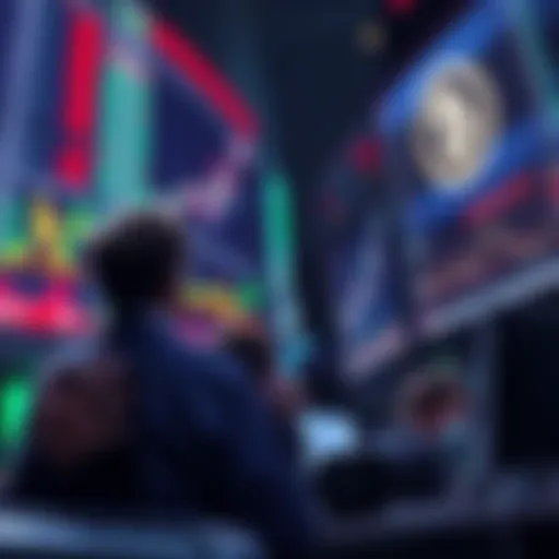 A graphic showing Tether's impact on the US stock market with falling charts and worried investors looking at screens.