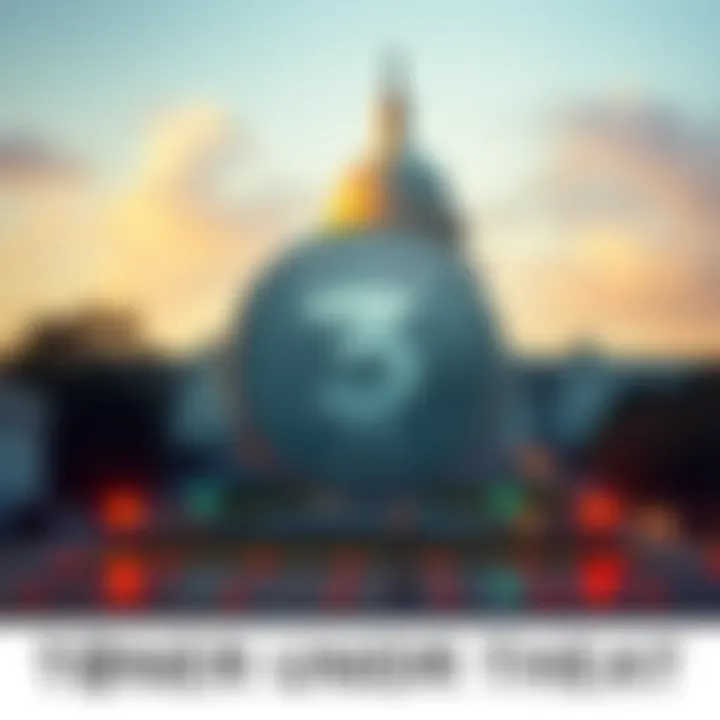 A visual representation of Tether's USDT token facing potential regulatory actions in the US, with a backdrop of the US Capitol building symbolizing government legislation.
