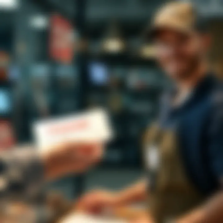 A person handing a thank you note to a service worker with a smile