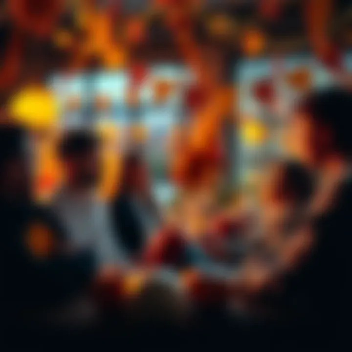 A group of people discussing cryptocurrency price predictions with Thanksgiving decorations in the background.