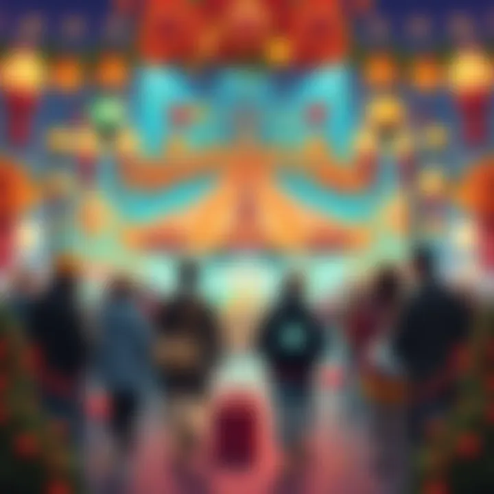 Thanksgiving Carnival Celebration A festive scene with people celebrating at BitMart's Thanksgiving Carnival, surrounded by autumn decorations and crypto-themed gifts.