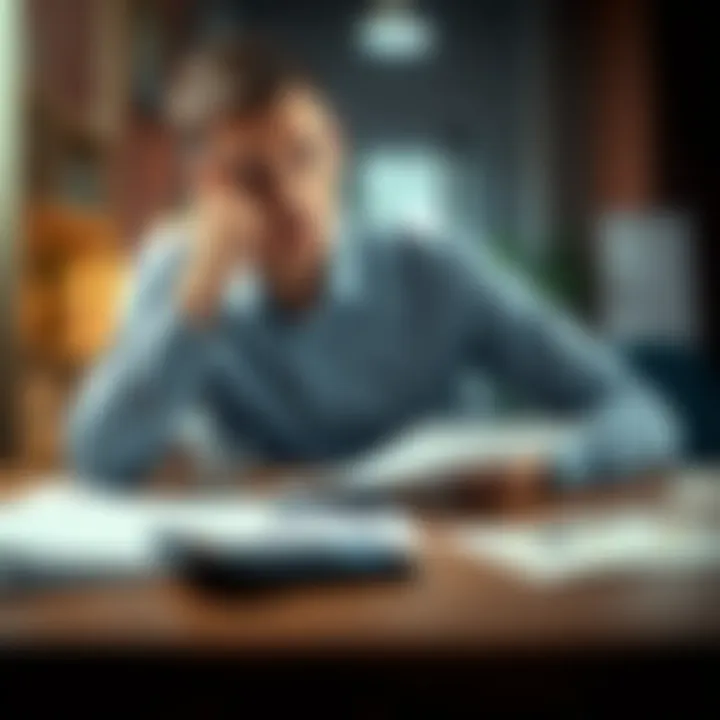Individual contemplating a loan for Ethereum investment, with financial documents and a calculator on a table.