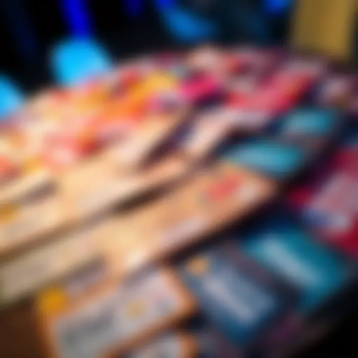 A collection of event tickets laid out on a table, showcasing various designs and colors, representing the need for tickets to attend an upcoming event.