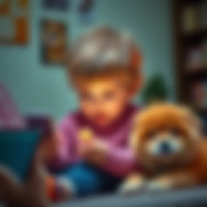 A young child playing with a smartphone, looking surprised as they accidentally sold crypto Dogecoin, with a playful dog nearby.