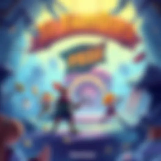 A colorful illustration of a fantasy RPG scene featuring characters engaging in skill-based gameplay, with a prize pool banner in the background.