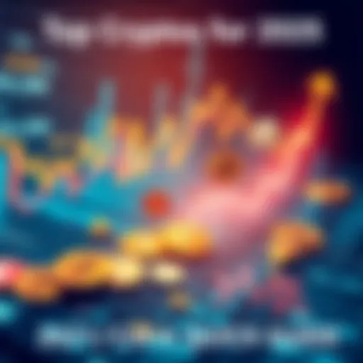An illustration showing various cryptocurrencies with upward trends on a digital chart, symbolizing their potential growth in 2025.