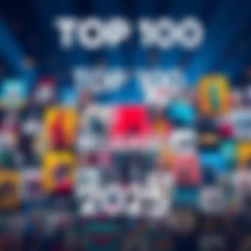 A colorful collage showcasing various music albums, movie posters, and cultural icons from 2025, celebrating popular trends of the year.
