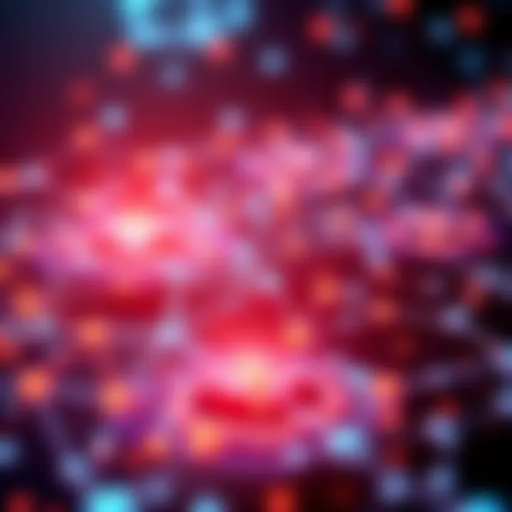 A visual representation of a blockchain network highlighting DeFi features with symbols for finance and technology