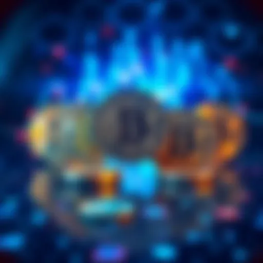A group of five coins symbolizing emerging cryptocurrencies on a digital background