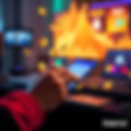 A person using a mobile device to add funds to gaming and mobile accounts, with currency symbols around them.