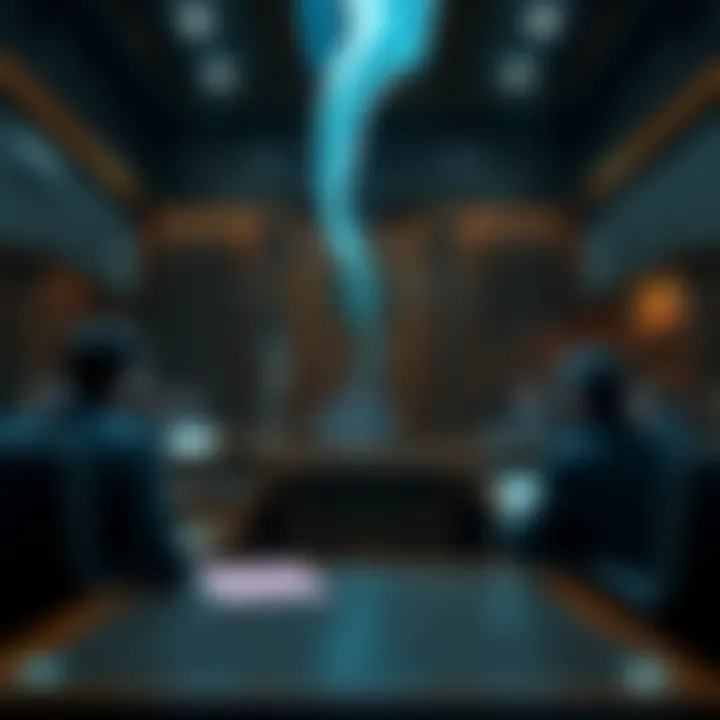 Courtroom scene with Roman Storm on trial, discussing privacy in cryptocurrency transactions.