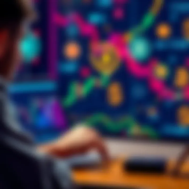 A person analyzing trading data on a laptop, with cryptocurrency icons in the background.