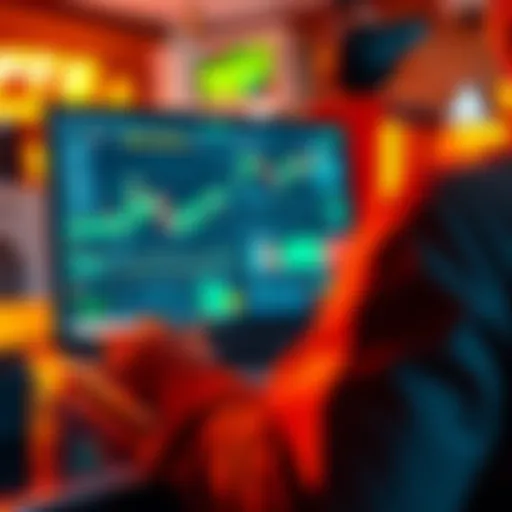 A person using a laptop to manage cryptocurrency gambling transactions, with charts and graphs displayed on the screen.