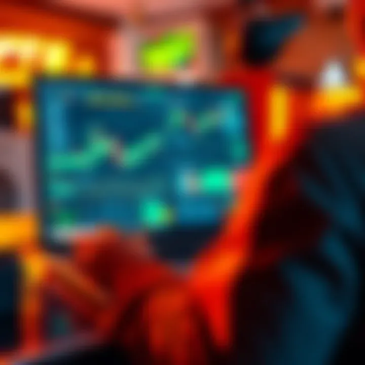A person using a laptop to manage cryptocurrency gambling transactions, with charts and graphs displayed on the screen.