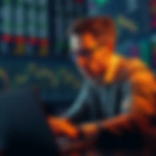 A focused trader analyzing charts on a laptop with a determined expression, symbolizing the goal to grow funds by the month's end.