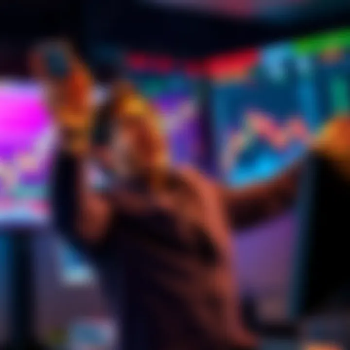 A trader joyfully celebrating after turning an initial investment into significant profit, with a screen showing rising charts in the background.