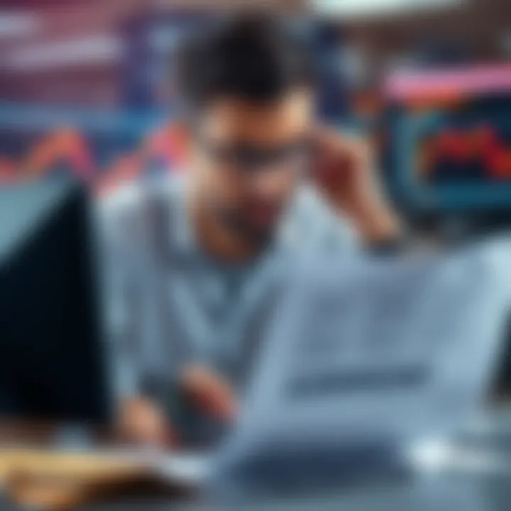 A trader looking at a 1099-DA tax form with a calculator and computer, showing signs of confusion while reviewing financial documents.