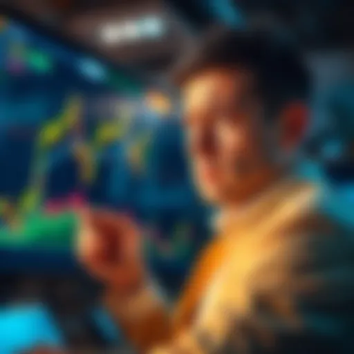A new trader looks worried while monitoring cryptocurrency prices on Binance, with a chart showing ups and downs in the background.