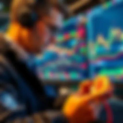 A trader looking at stock market graphs while holding cryptocurrency coins, contemplating selling them for cash due to market pressures.
