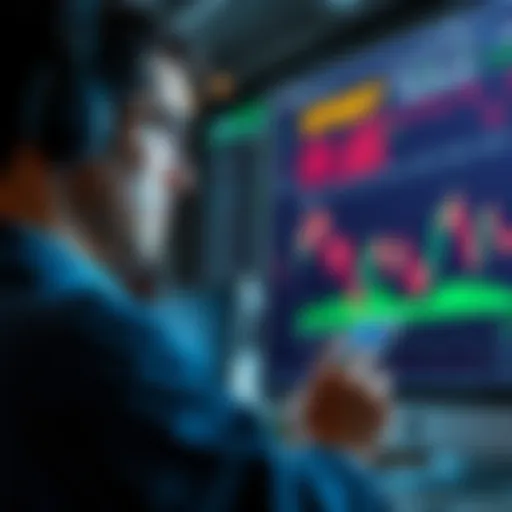 A trader looks at a graph showing a price decline, weighing the decision to buy more or wait.