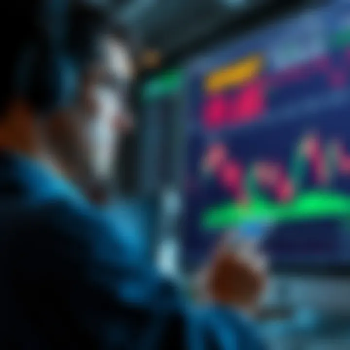 A trader looks at a graph showing a price decline, weighing the decision to buy more or wait.
