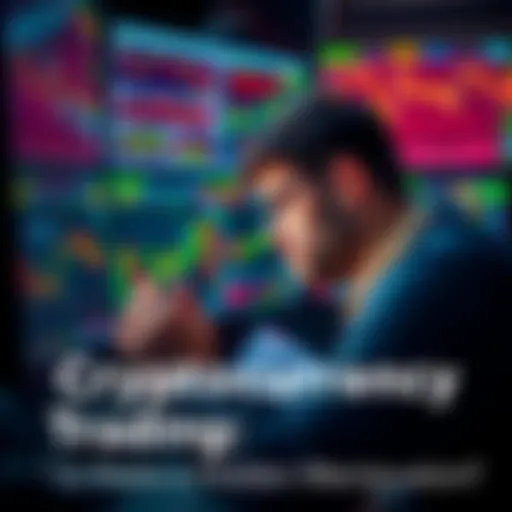 A trader looking at computer screens filled with cryptocurrency charts and graphs, showing signs of frustration and confusion.