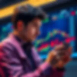 A thoughtful trader looking at a chart showing rising XRP prices while holding a smartphone, feeling regret over a past sale decision.